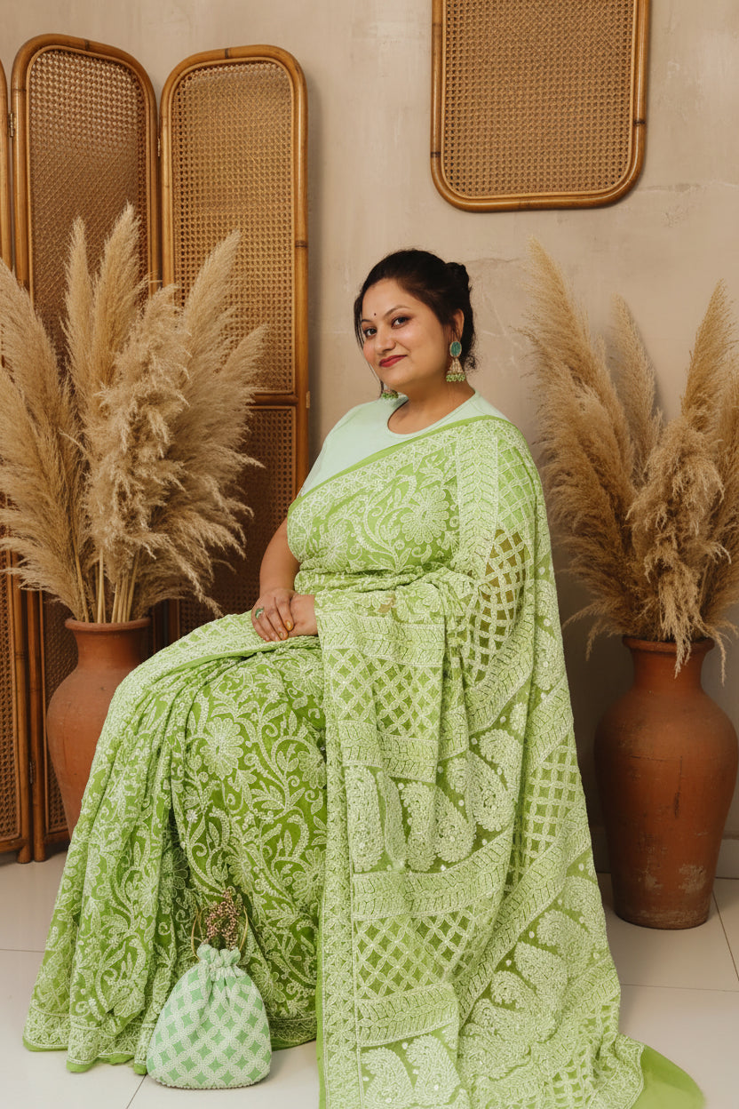 Pista Green Georgette Chikankari Saree – Full Jaal Hand-Embroidery