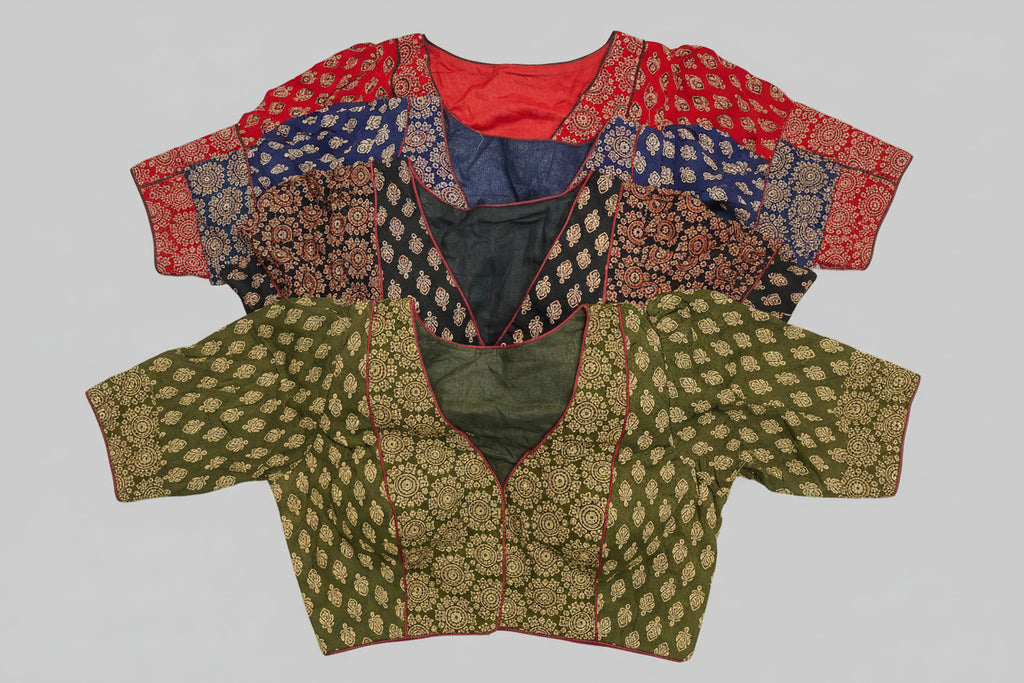 Vintage Ajrakh Hand-Block Blouse with Puff Sleeves