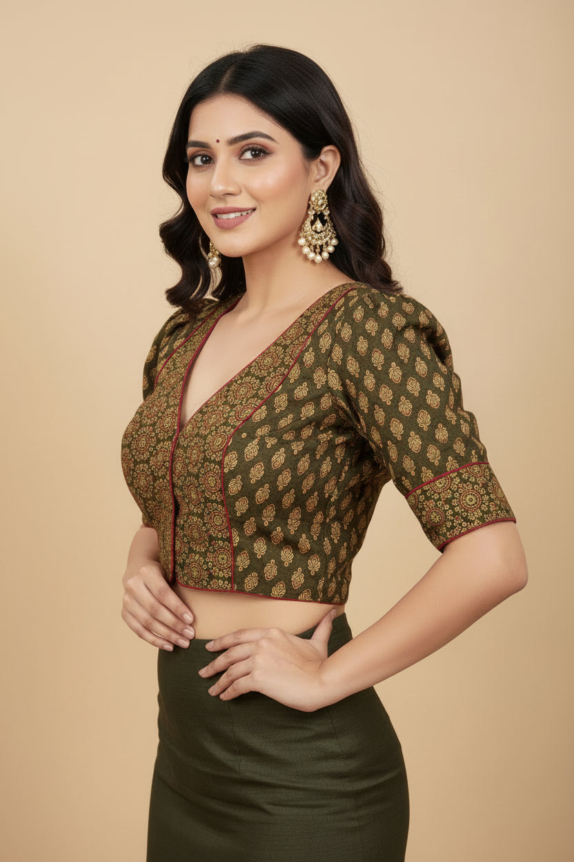 Vintage Ajrakh Hand-Block Blouse with Puff Sleeves