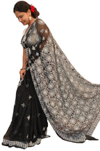 Midnight Black Georgette Chikankari Saree – Intricate Pallu & Border Work