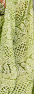 Pista Green Georgette Chikankari Saree – Full Jaal Hand-Embroidery