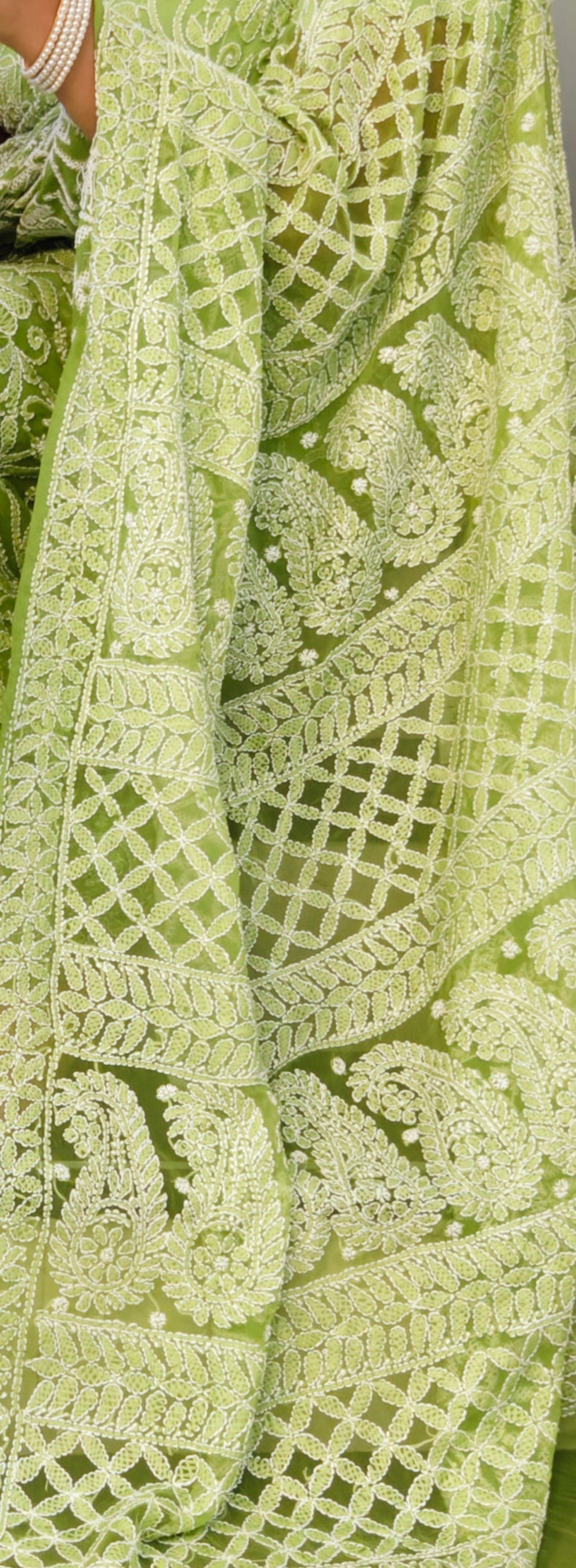 Pista Green Georgette Chikankari Saree – Full Jaal Hand-Embroidery