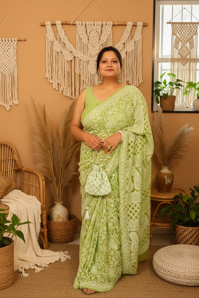 Pista Green Georgette Chikankari Saree – Full Jaal Hand-Embroidery