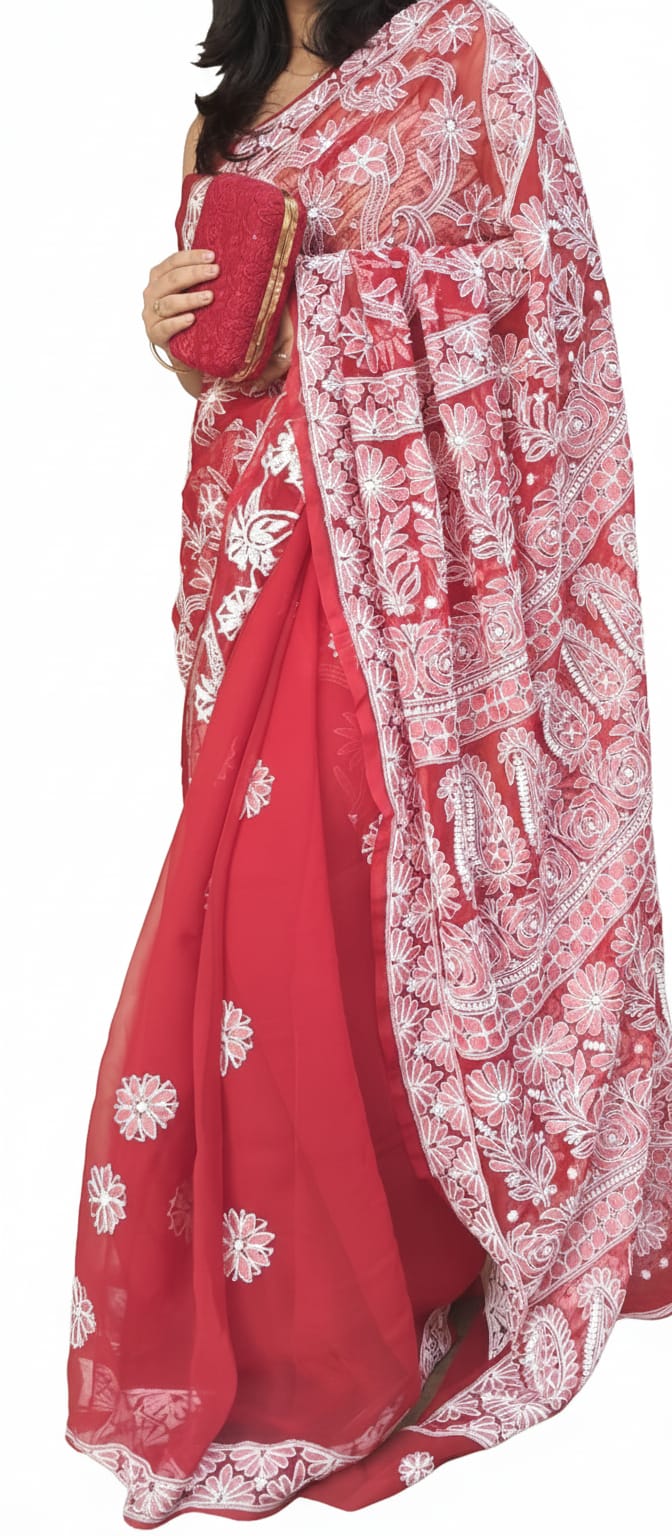 Crimson Cherry Chikankari Saree – Half-Jaal Handwork on Georgette