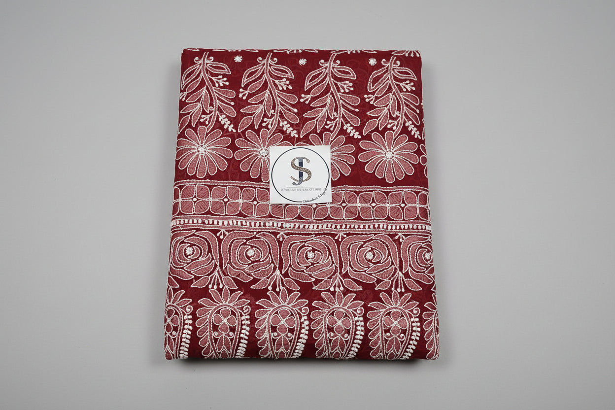Crimson Cherry Chikankari Saree – Half-Jaal Handwork on Georgette