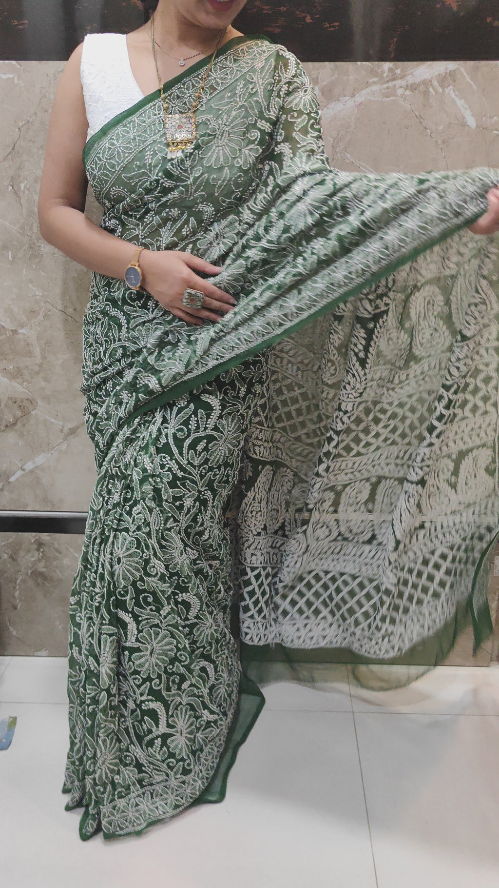 Forest Green Georgette Chikankari Saree – Full Jaal Hand-Embroidery
