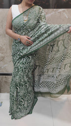 Forest Green Georgette Chikankari Saree – Full Jaal Hand-Embroidery